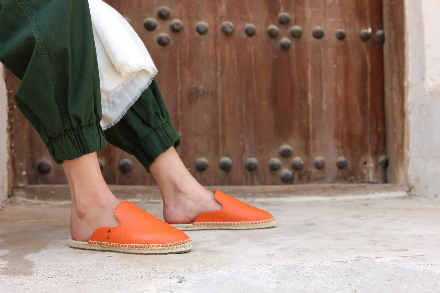 Orange-Leather Mules Espadrilles