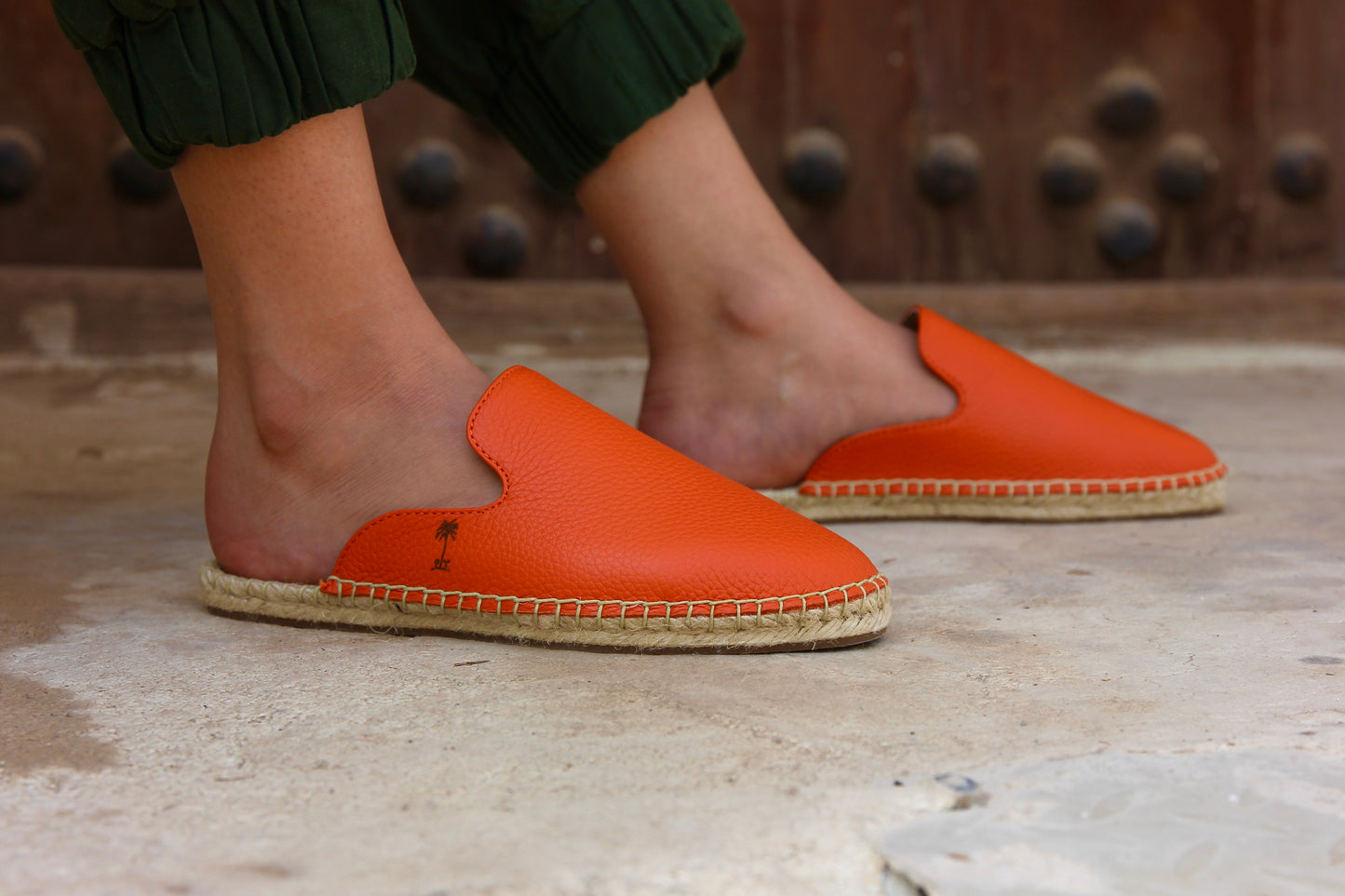 Orange-Leather Mules Espadrilles