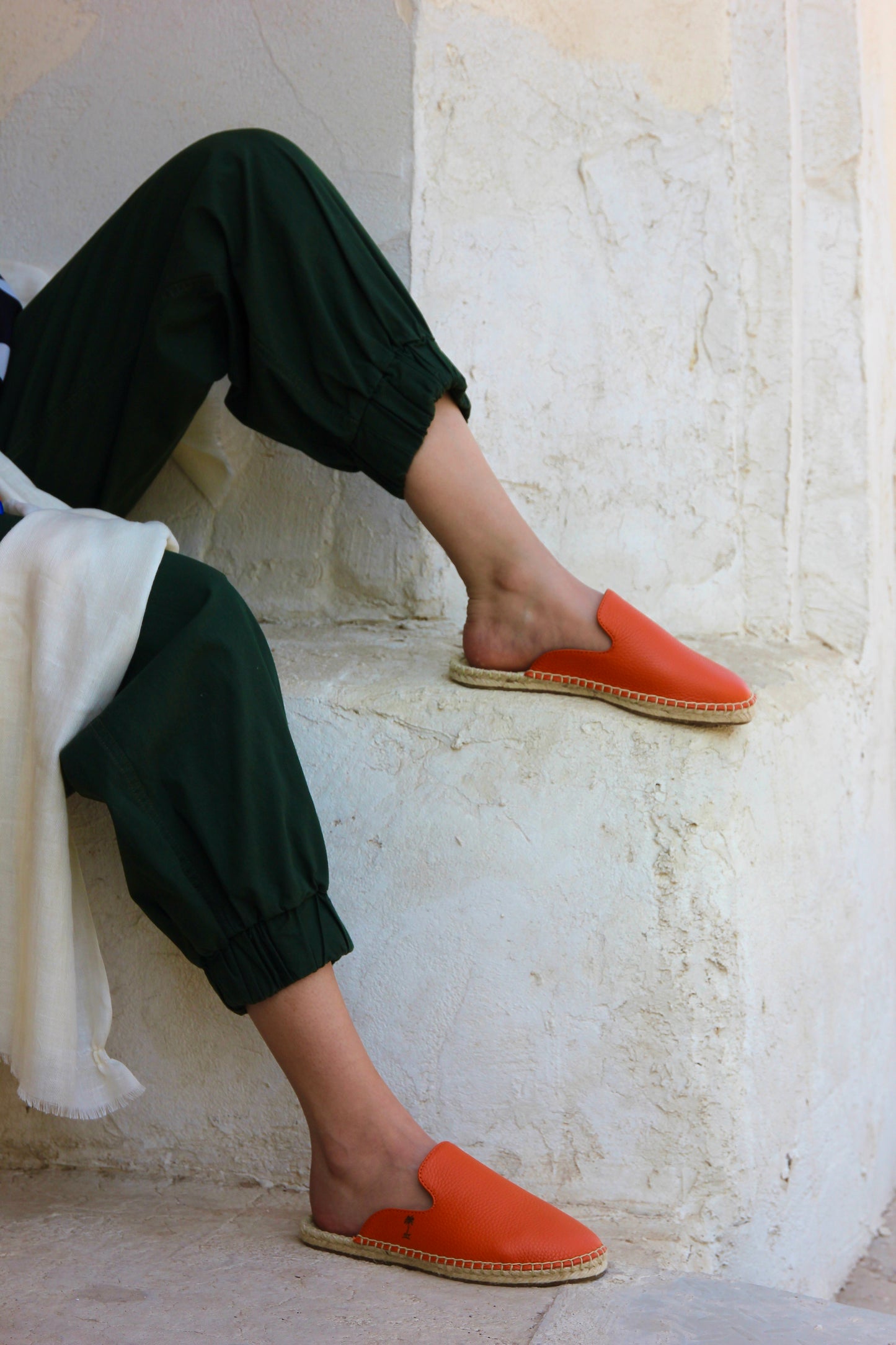 Orange-Leather Mules Espadrilles