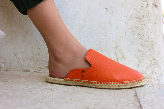 Orange-Leather Mules Espadrilles